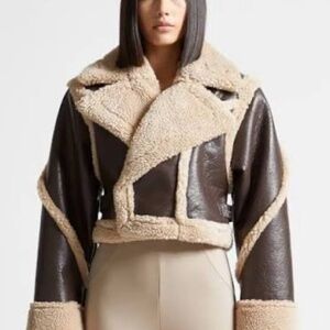 Vegan Leather Borg Contour Biker Jacket - Brown × 1